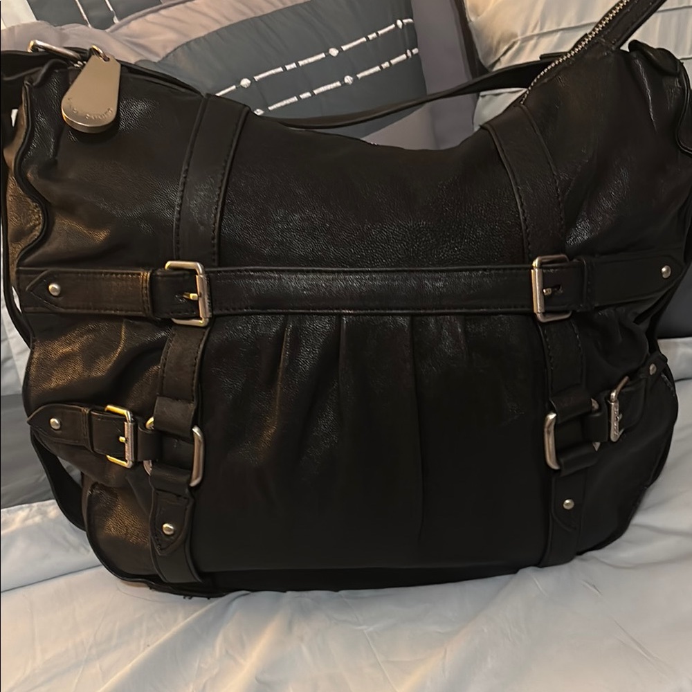 VINCE CAMUTO Black Hobo Shoulder Bag with Buckle Detailing